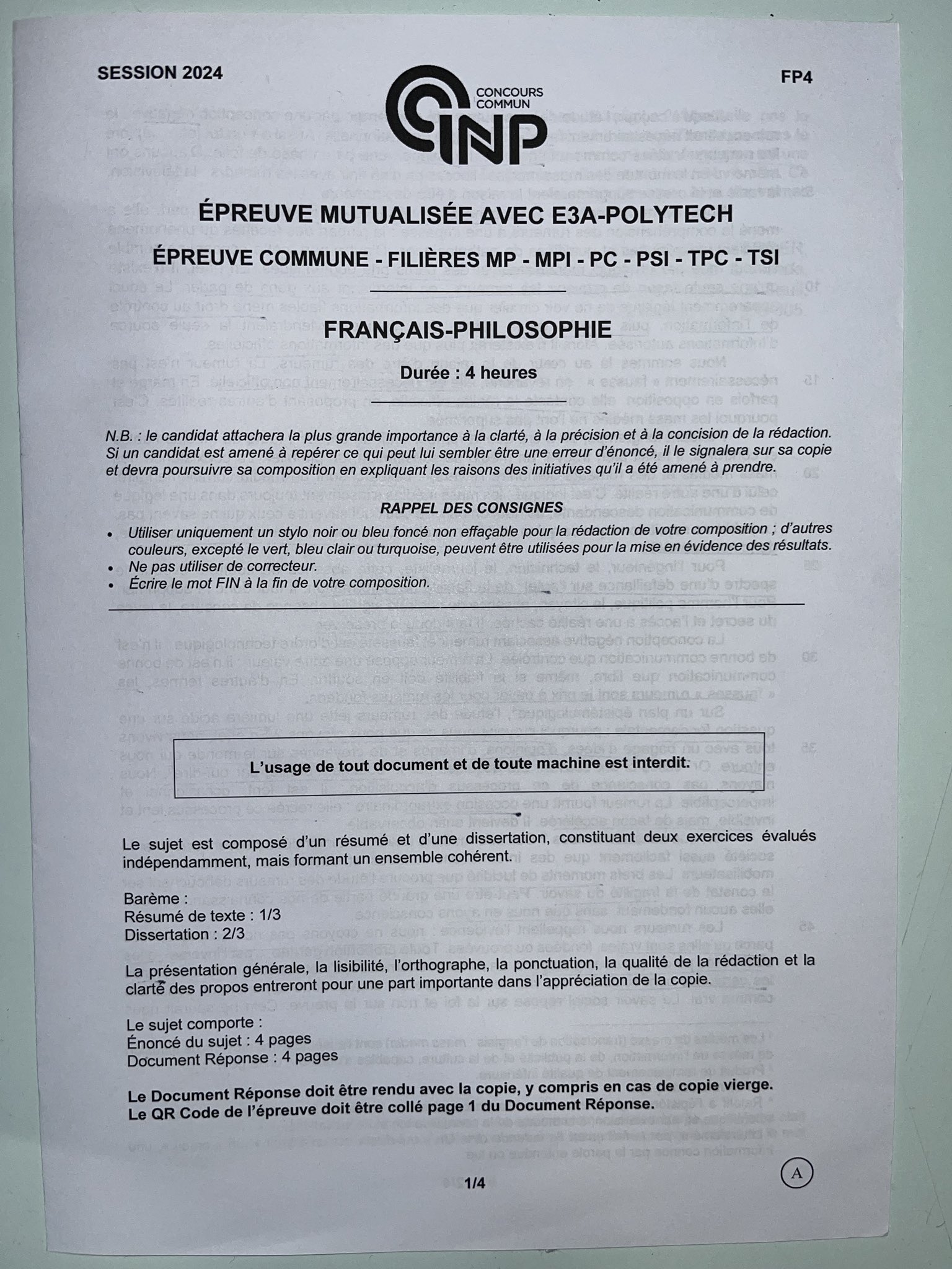 CCINP Français Sujet 2024 MP MPI PC PSI TSI TPC Génération Prépa