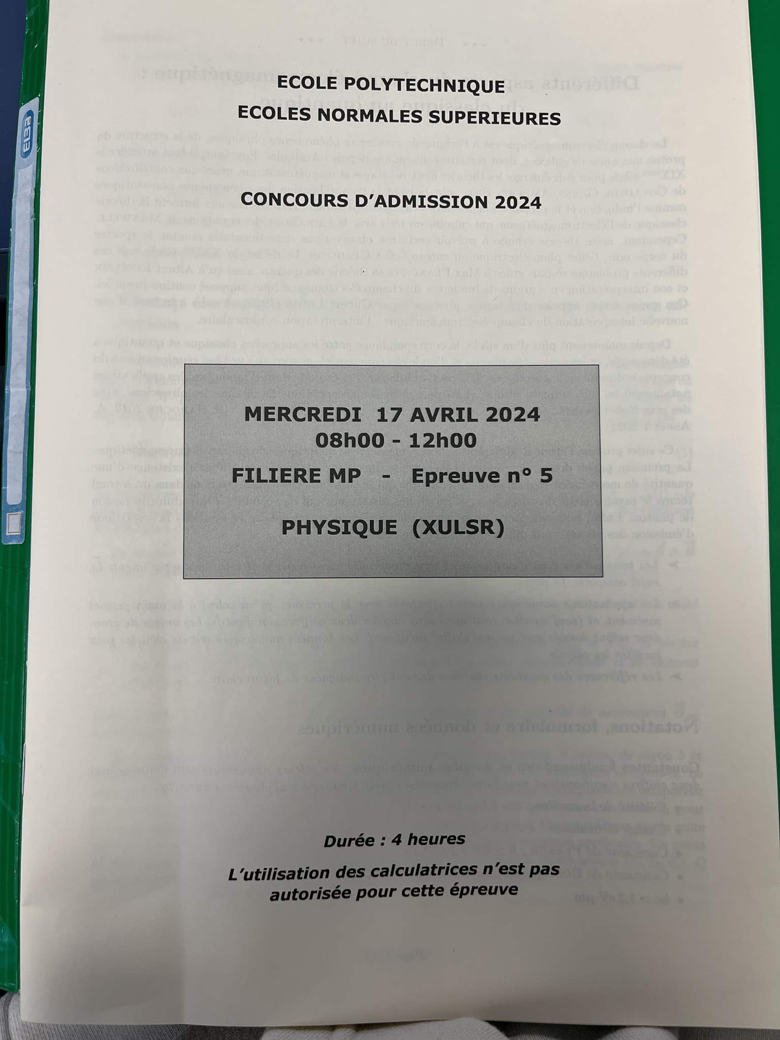 Concours XENS Physique Sujet 2024 MP Génération Prépa